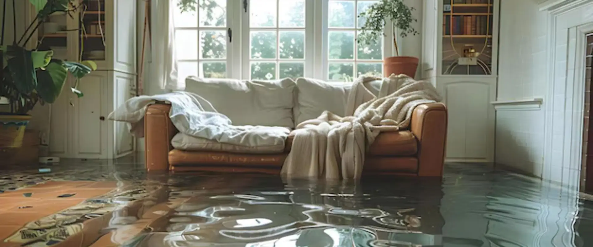 Flooded living room with a sofa and standing water after a leak
